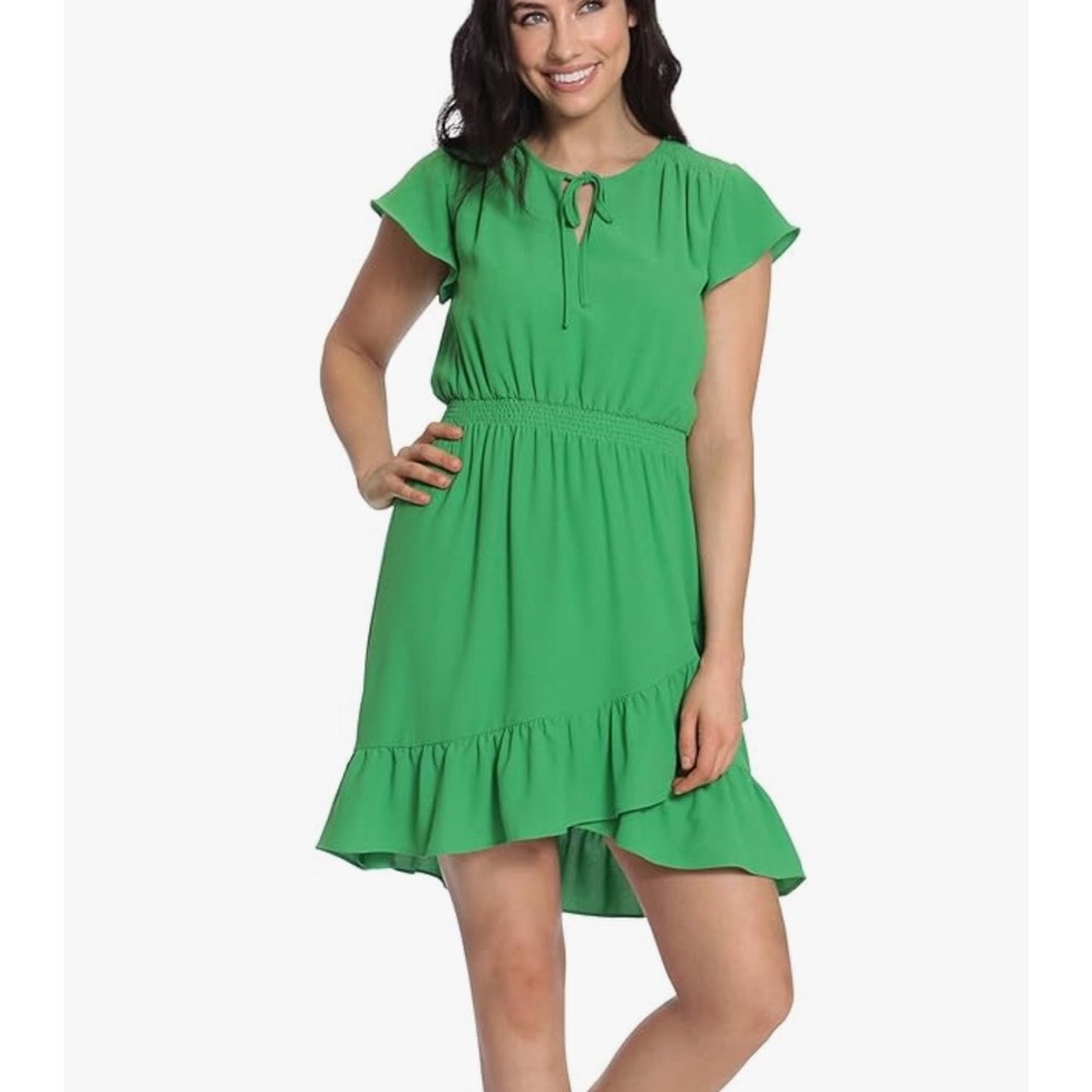 London times green mini smocked waist tie neck ruffle‎ dress flutter medium